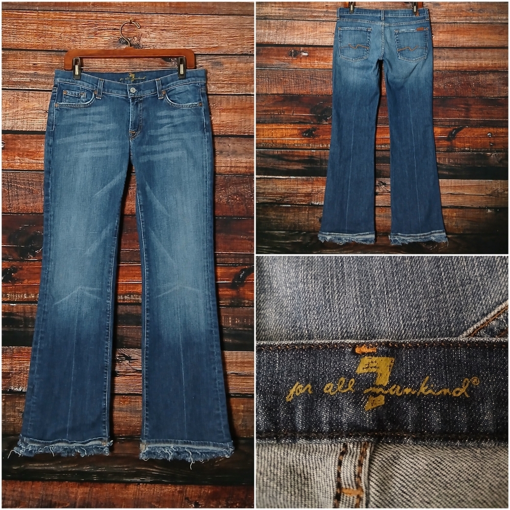 Vintage 7 For All Mankind Jeans 31 Boot Cut Low Rise Frayed Hem Denim Stretch
